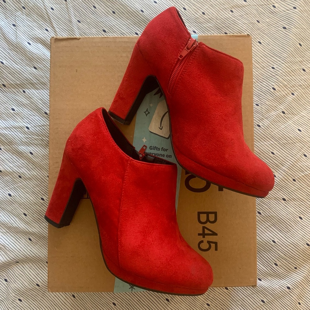 7.5 Red Suede Allegra K Women's Platform Round Toe Chunky Heel Ankle Booties
